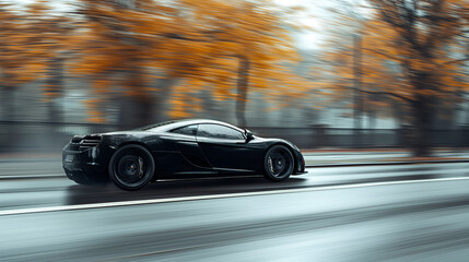 Fototapeta premium Speeding Through Autobahn: Black Supercar Races with Motion Blur in High-Speed Chase
