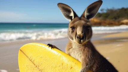 Gordijnen A cute kangaroo surfer enjoys a fun-filled summer day at the beach, riding waves with enthusiasm, Ai Generated. © Crazy Juke