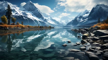 Tuinposter Reflectie A serene turquoise blue lake reflecting the towering snow-capped mountains, as if nature's mirror capturing their magnificence