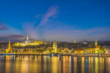 Budapest Hungary, city skyline night at Matthias Church Fisherman Bastion and Danube River