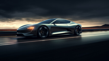 Rapid Motion: Black Supercar Blurs Past Autobahn, Accelerating with Intense Speed - obrazy, fototapety, plakaty