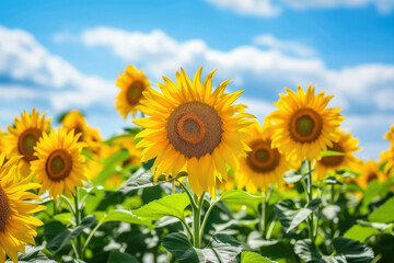 Obraz premium field of sunflowers, with a blue sky and white clouds in the background