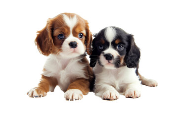 Couple of Cute fluffy portrait smile Puppy dog that looking at camera isolated on clear png background, funny moment, lovely dog, pet concept.