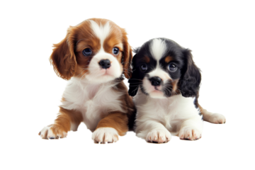 Couple of Cute fluffy portrait smile Puppy dog that looking at camera isolated on clear png background, funny moment, lovely dog, pet concept.