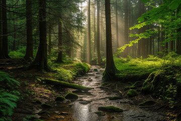 Obraz premium forest with a stream running through it, with sunlight filtering through the trees