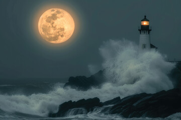 full moon over a lighthouse, with waves crashing on the rocks