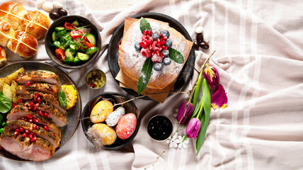 Cheerful Easter table. Traditional food at the event. Holiday concept