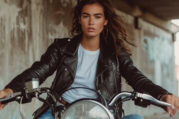 Fototapeta na wymiar model wearing a black leather jacket, with a white T-shirt and jeans.