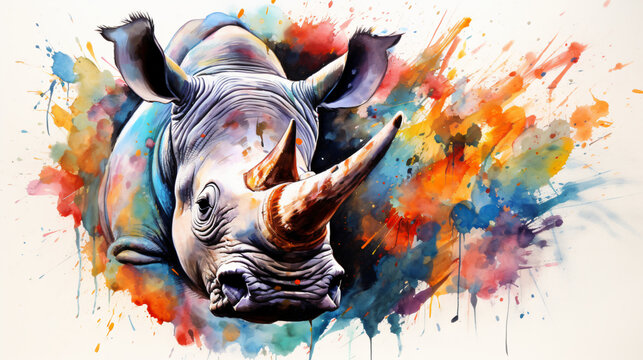 abstract watercolor background with rhino animal