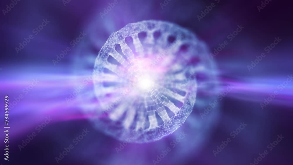 Wall mural abstract blurred 3d dna chain loop rotation on violet blue light animation background.
