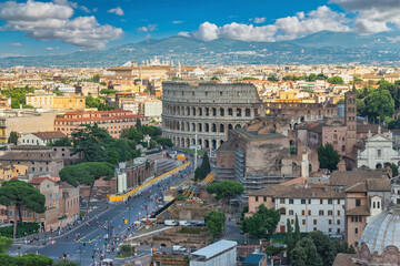 Fototapeta na wymiar Rome Italy, high angle view city skyline at Roman Forum and Rome Colosseum