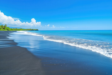 beach with black sand and a clear blue sky