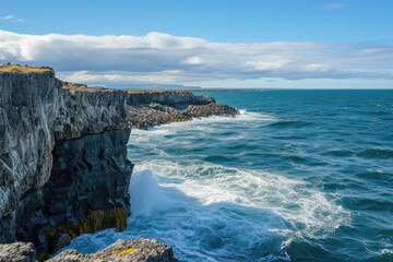 rocky coastline with waves crashing against the cliffs