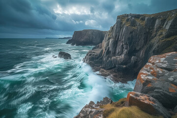 rocky coastline with waves crashing against the cliffs - obrazy, fototapety, plakaty