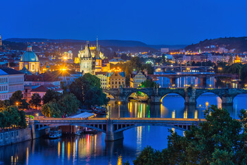 Prague Czech Republic, high angle view night city skyline at Charles Bridge and Vltava River,...