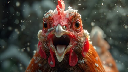 Angry hen cackles facing camera. It doesn't like the first snow encounter at farm. Close up  portrait of the cruel bird with open beak. - obrazy, fototapety, plakaty
