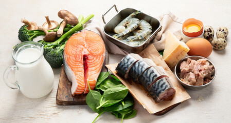 Foods rich in natural vitamin D as fish, eggs, cheese, milk, butter, mushrooms, sardines.