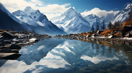 Photo sur Plexiglas Réflexion A serene turquoise blue lake reflecting the towering snow-capped mountains, as if nature's mirror capturing their magnificence