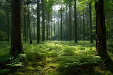 view of a forest with tall trees and a carpet of ferns on the ground