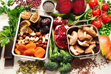 Vegan food rich of iron. Healthy eating. Vegetables, fruits and nuts