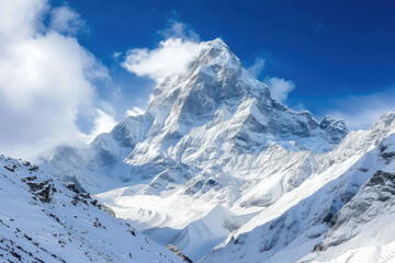 Fototapeta na wymiar view of a snowy mountain peak with a blue sky