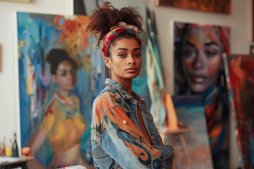Obraz na płótnie Canvas Portrait of beautiful multiracial artist female. Decoration and improvement interior