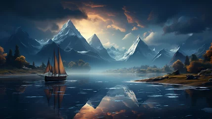 Foto op Canvas A serene turquoise blue lake reflecting the grandeur of the mountains, with a lone sailboat gliding gently on its glassy surface © Tae-Wan