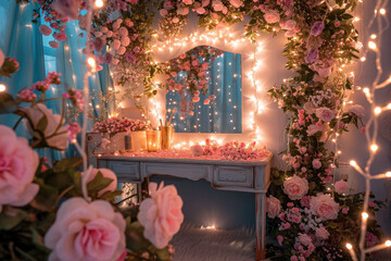 bedroom with a vanity covered in twinkling lights and roses
