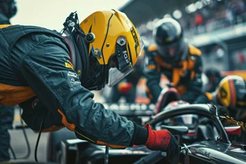 Foto op Canvas professional pit crew changing the air filter on a race car during a pitstop © Formoney