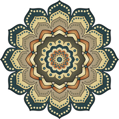 Colorful gradient mandala in retro colors with polka dots isolated on a transparent background. Vector image