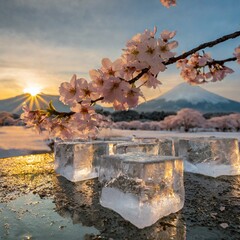 Ice cube with srping season nature background.