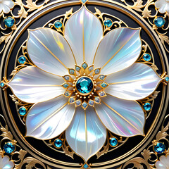 Create 4K+ AI art prompt: Craft an intricate cosmos flower with mother-of-pearl, gems, and gold, emphasizing beauty, symmetry, and elegance.(Generative AI)