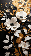 Abstract black and gold and white floral in the corner background