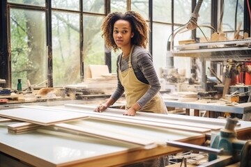 Skilled african woman with charm in apron diligently working at a furniture factory