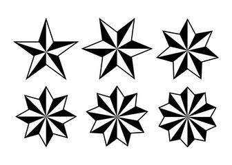 Stars icon set vector. Different shape of black and white stars isolated on white background. 
