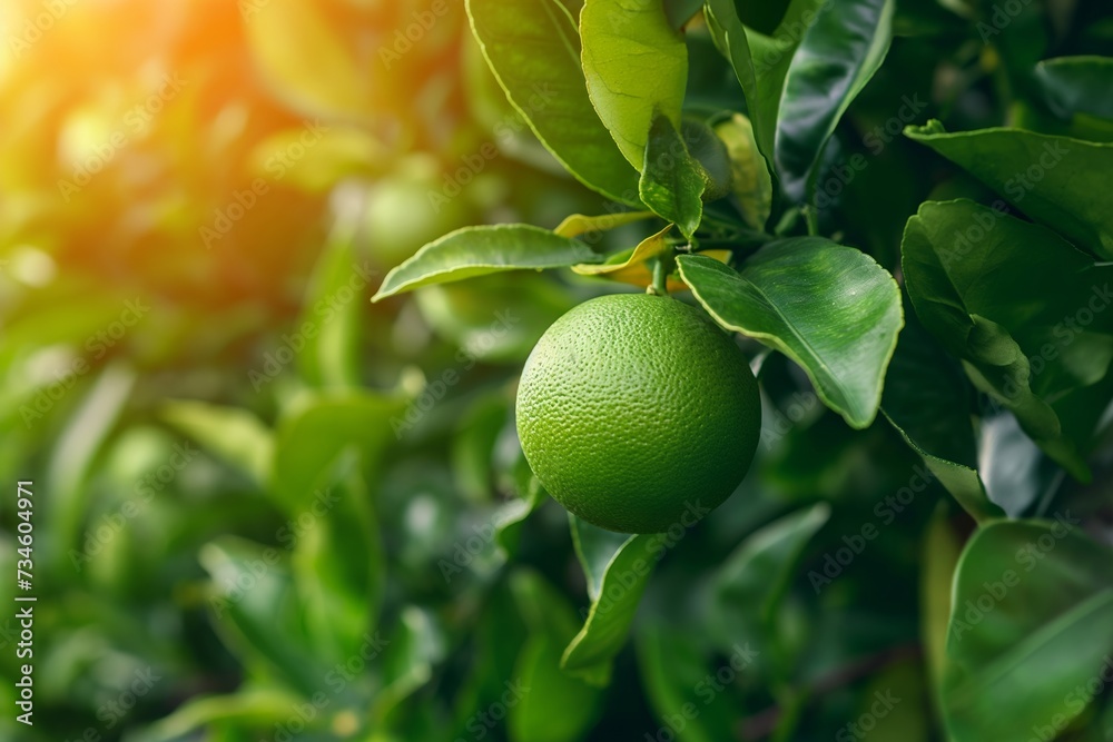 Wall mural green orange fruit on tree. orange tree with not ripe fruit. summer garden with growth citrus fruit 