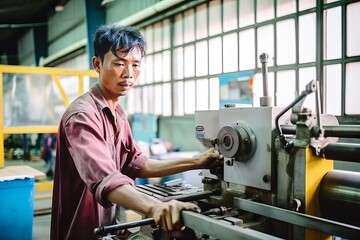 Asian male lathe operator in spacious production workshop with glass windows and bustling activity