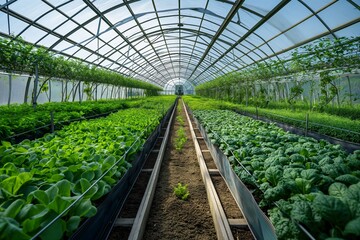 a greenhouse with many plants in it, in the style of linear perspective
