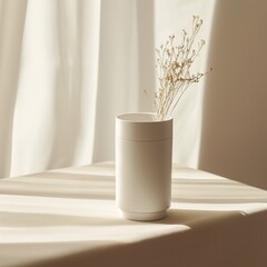 a minimalist Tumbler White Mockup captured emphasizing clean lines and subtle textures, bathed in soft natural light, creating a timeless visual appeal