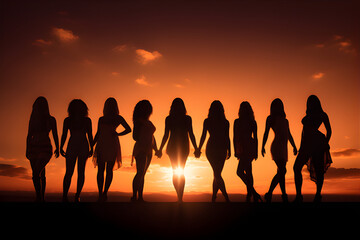 A photograph of female empowerment, a diverse group standing against a vibrant sunset, casting powerful shadows, available to customize.