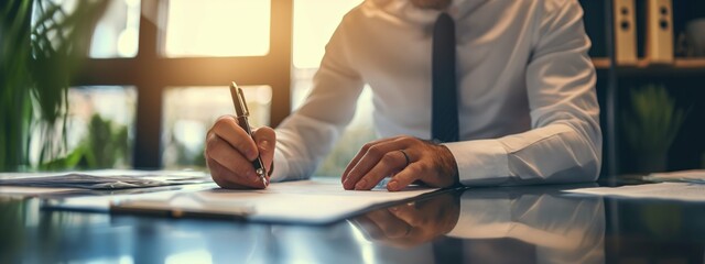 Businessman confidently signs business contract agreement document and looks stable, confident, successful, close-up photo