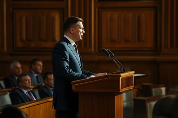 image of a man speaking from a podium in a courtroom