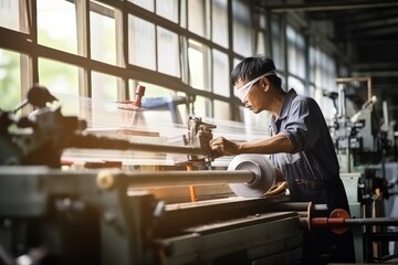 Asian man turner in glasses and overall works in production on machine against background of windows - obrazy, fototapety, plakaty