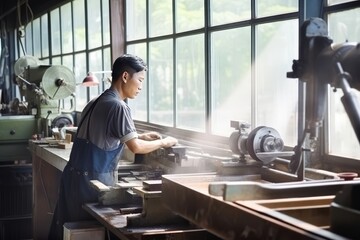 Asian man is lathe operator in a production shop working in rays of the sun falling through windows