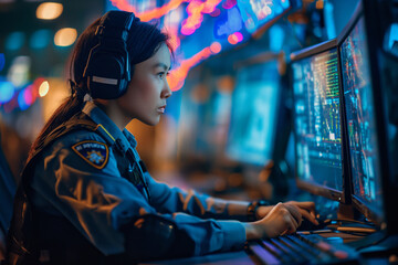 police officer in uniform working on a computer screen at night to check safety - obrazy, fototapety, plakaty
