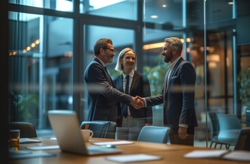 the three business people are shaking hands in front of a meeting room - obrazy, fototapety, plakaty