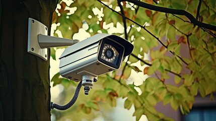 CCTV security camera close-up for home security and surveillance, video camera guards the house. Generative Ai