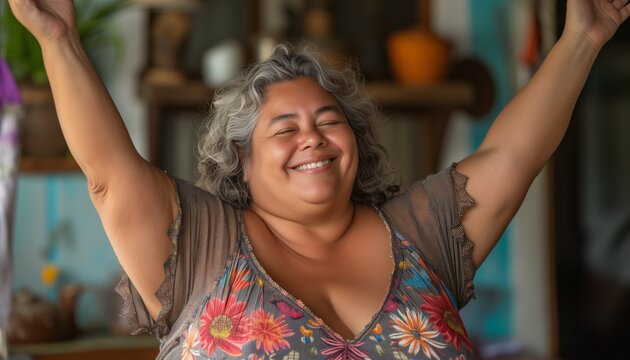 Joyful obese old woman at home