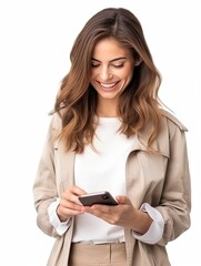 Beautiful woman holding cell phone on white background, Generative AI