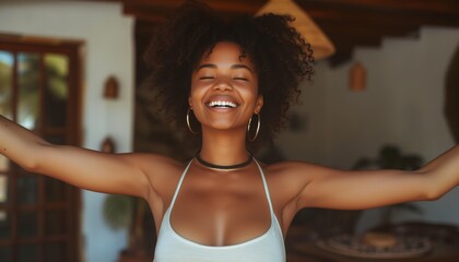 joyful Afro-American woman at home